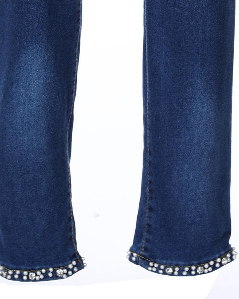 Beaded Slit Bowknot Decor Jeans