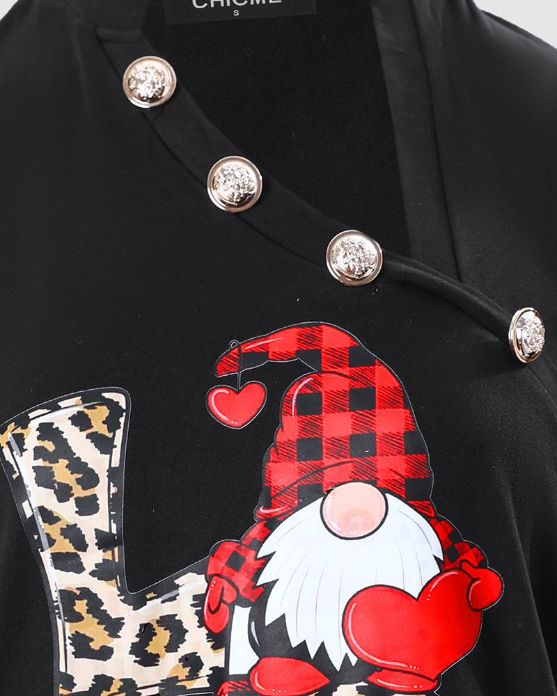 Christmas Gnome Print Glitter Sheer Mesh Long Sleeve Top