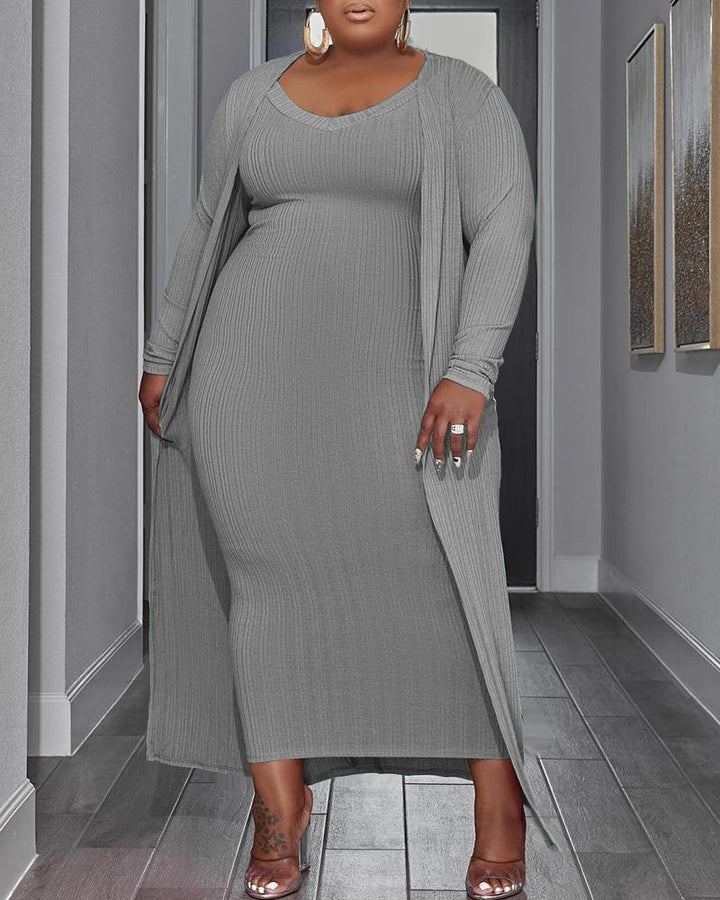 Plus Size Sleeveless Maxi Dress & Open Front Longline Cardigan Set