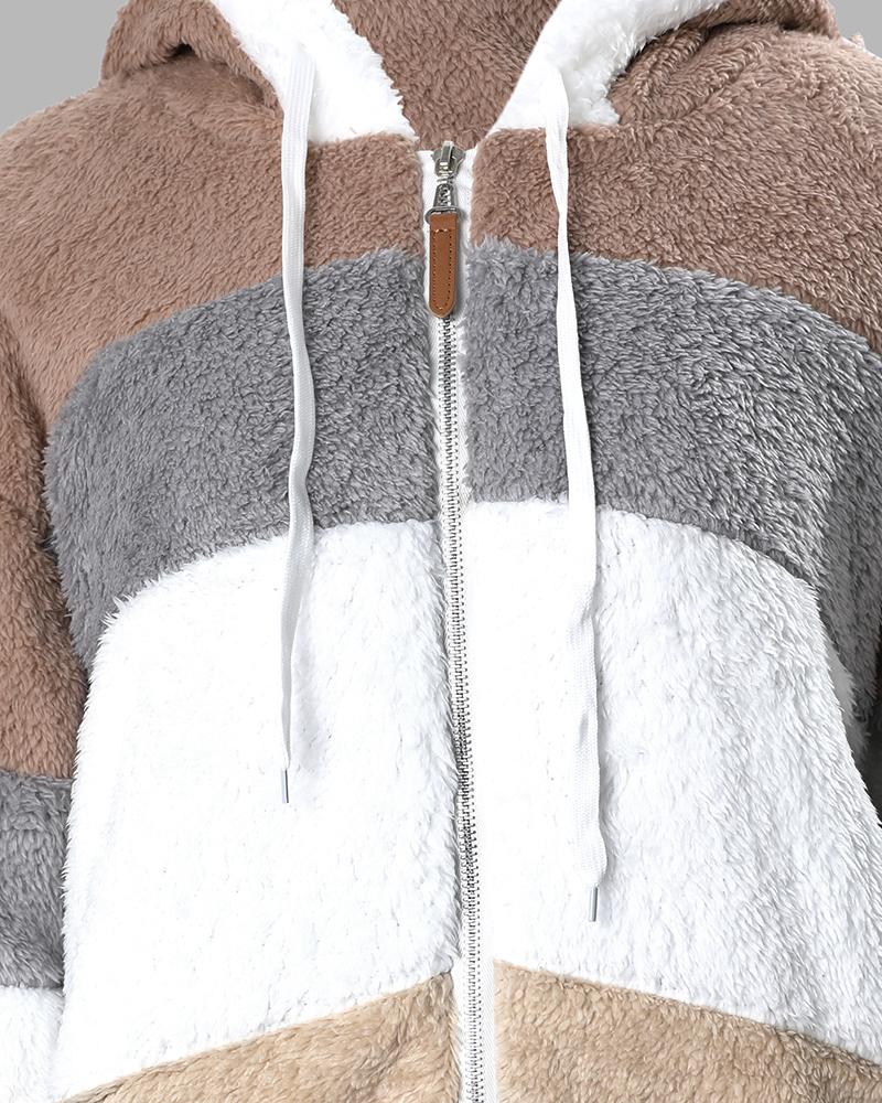 Colorblock Long Sleeve Fuzzy Hooded Zip Up Teddy Coat