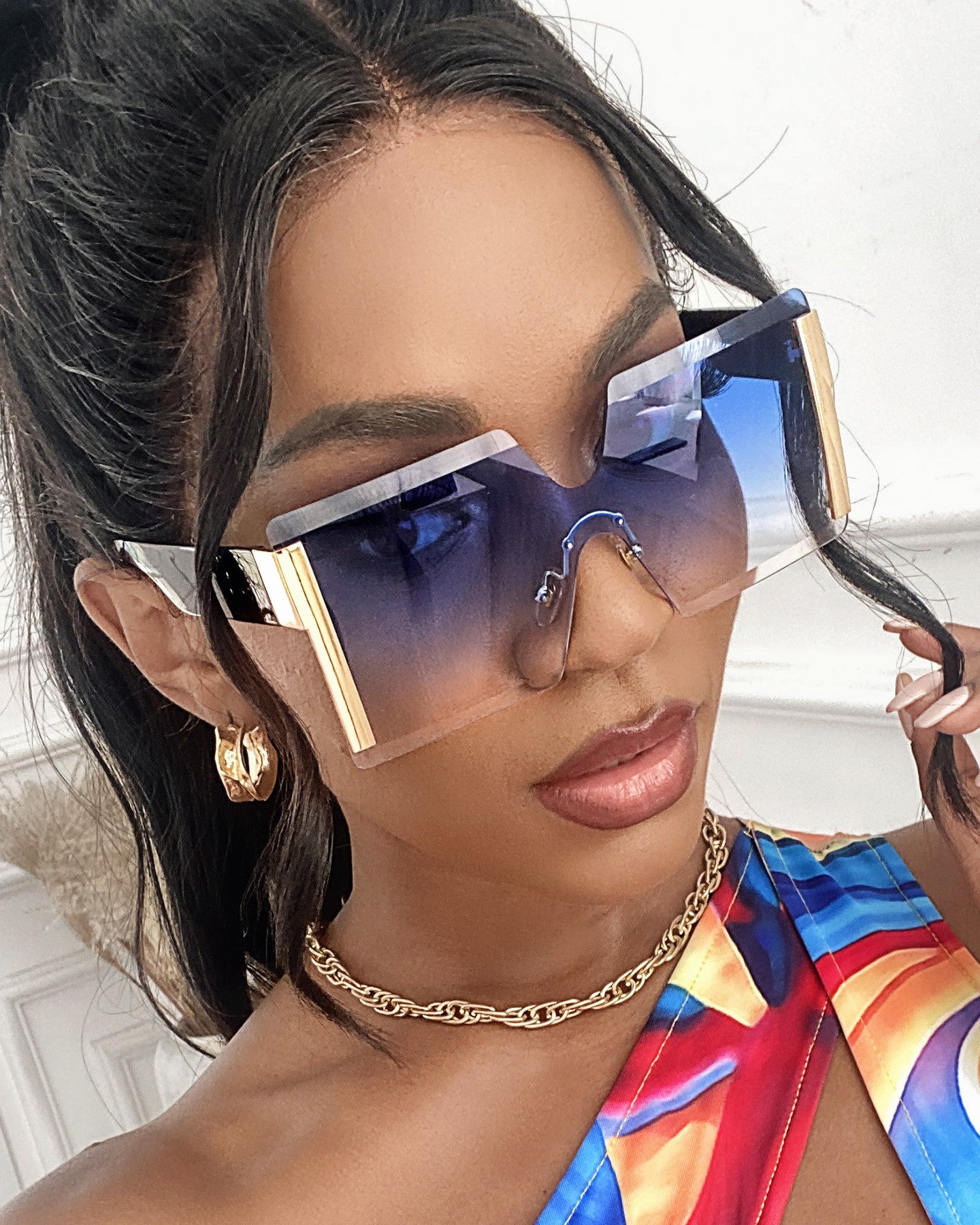 1Pair Rimless Flat Top Ombre Lens Sunglasses