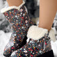 Floral Cow Print Platform Fuzzy Detail Lined Ankle Boots