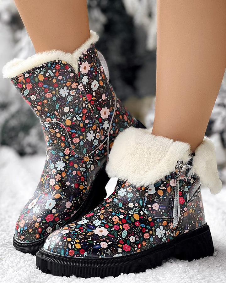 Floral Cow Print Platform Fuzzy Detail Lined Ankle Boots