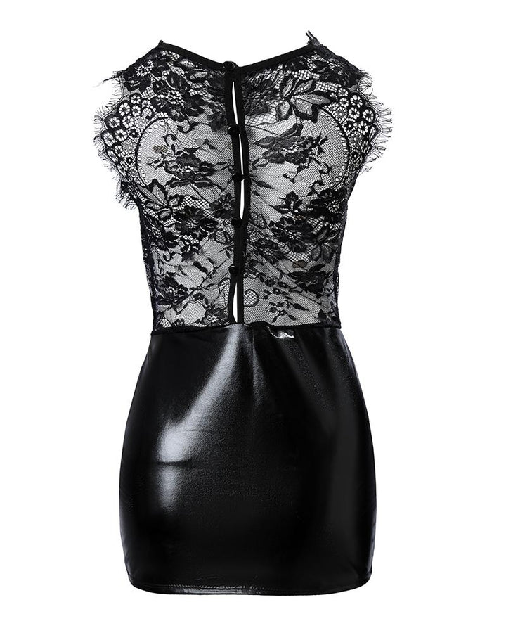 Contrast Lace Sleeveless PU Leather Bodycon Dress