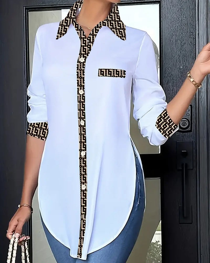 Plus Size Geo Tape Patch Buttoned Slit Shirt