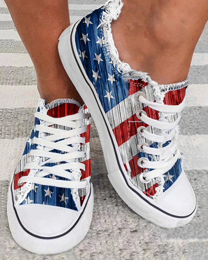Independence Day Flag Frayed Lace up Canvas Sneakers