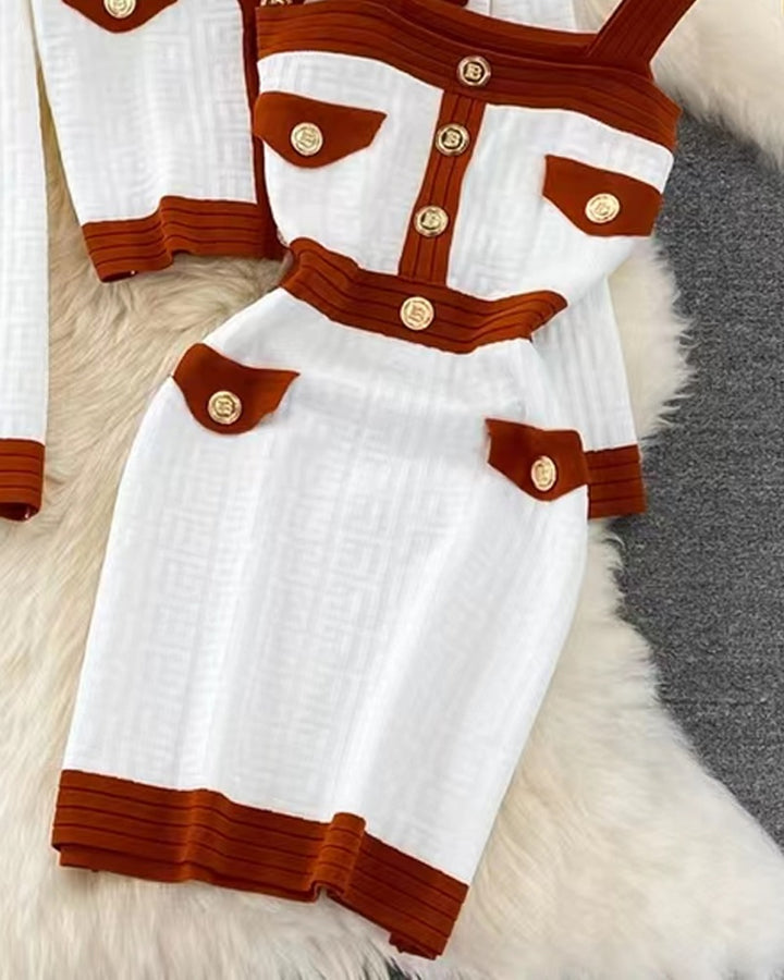 Contrast Paneled Sleeveless Knit Dress & Buttoned Coat Set