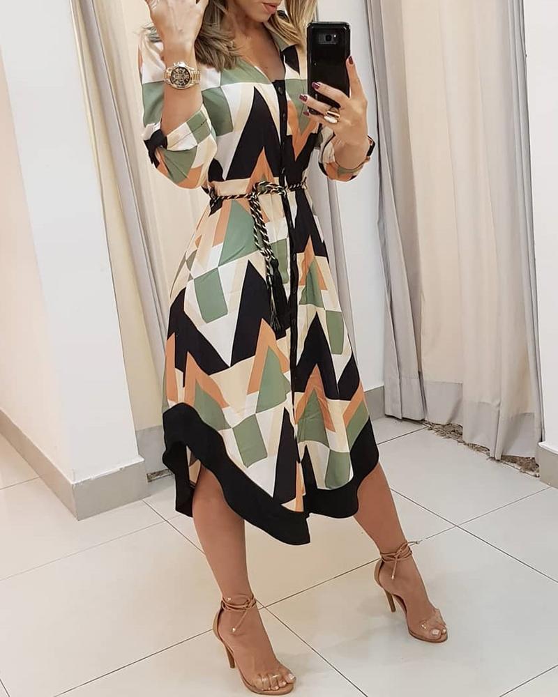 Geo Print Long Sleeve Asymmetrical Shirt Dress