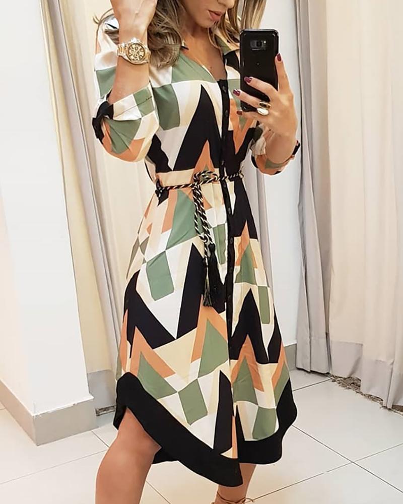 Geo Print Long Sleeve Asymmetrical Shirt Dress