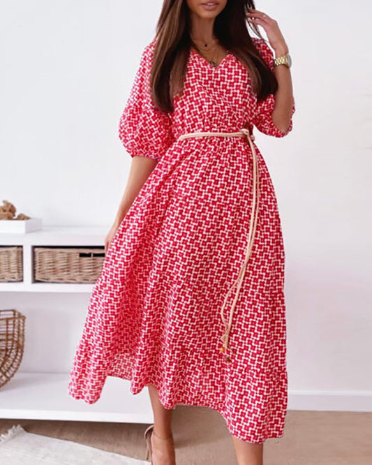 Lantern Sleeve Graphic Print Casual Dress