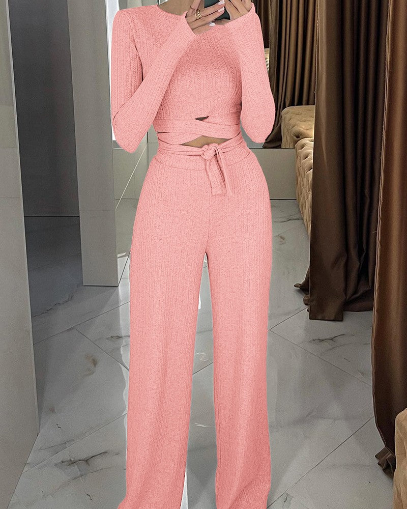 Tied Detail Ribbed Top & High Waist Pants Set