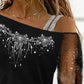 Rhinestone Contrast Mesh Cold Shoulder Top
