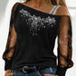 Rhinestone Contrast Mesh Cold Shoulder Top
