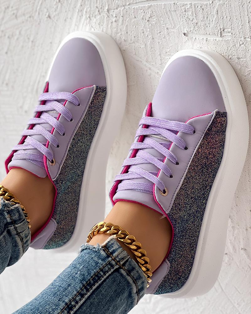 Colorblock Glitter Lace up Platform Sneakers