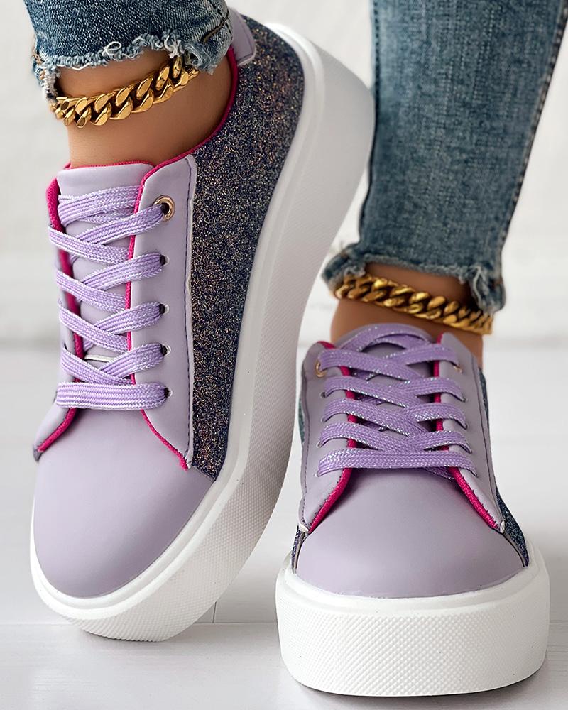 Colorblock Glitter Lace up Platform Sneakers