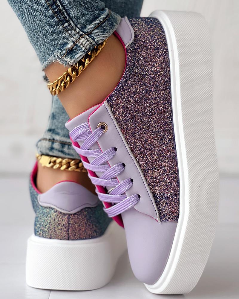 Colorblock Glitter Lace up Platform Sneakers
