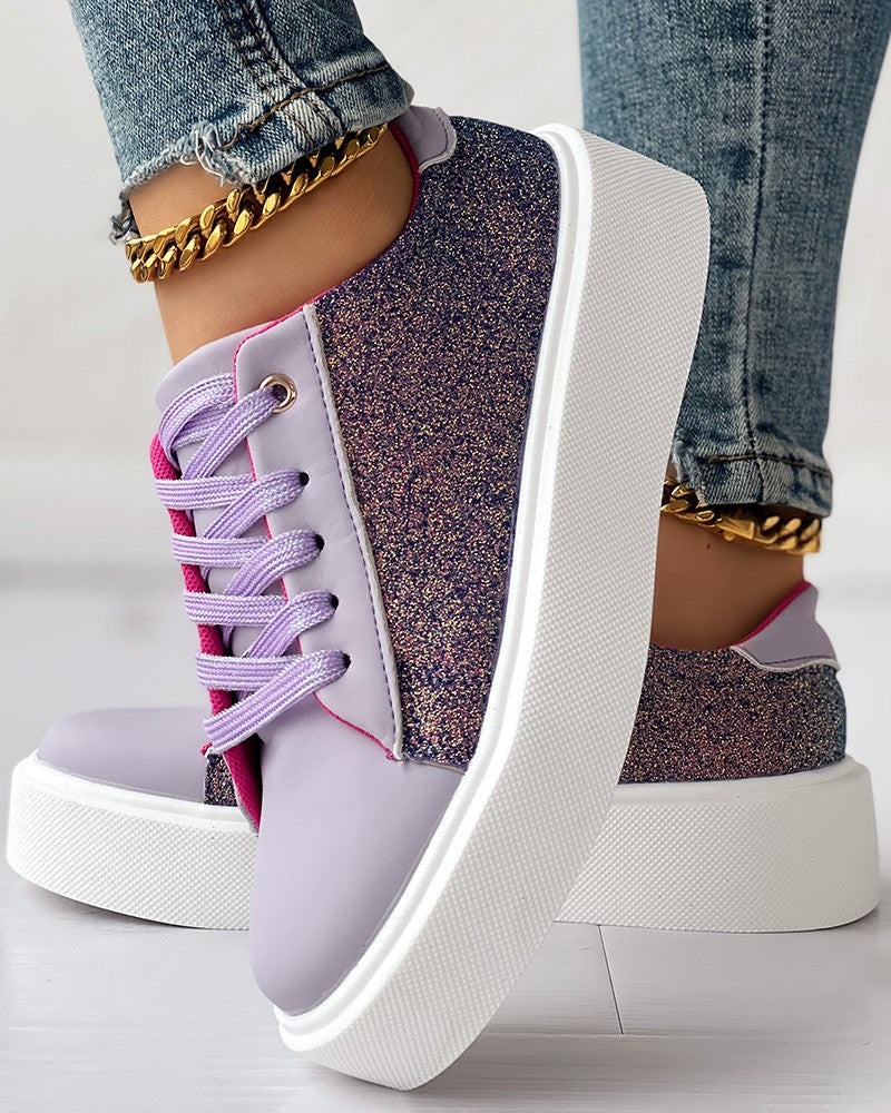 Colorblock Glitter Lace up Platform Sneakers
