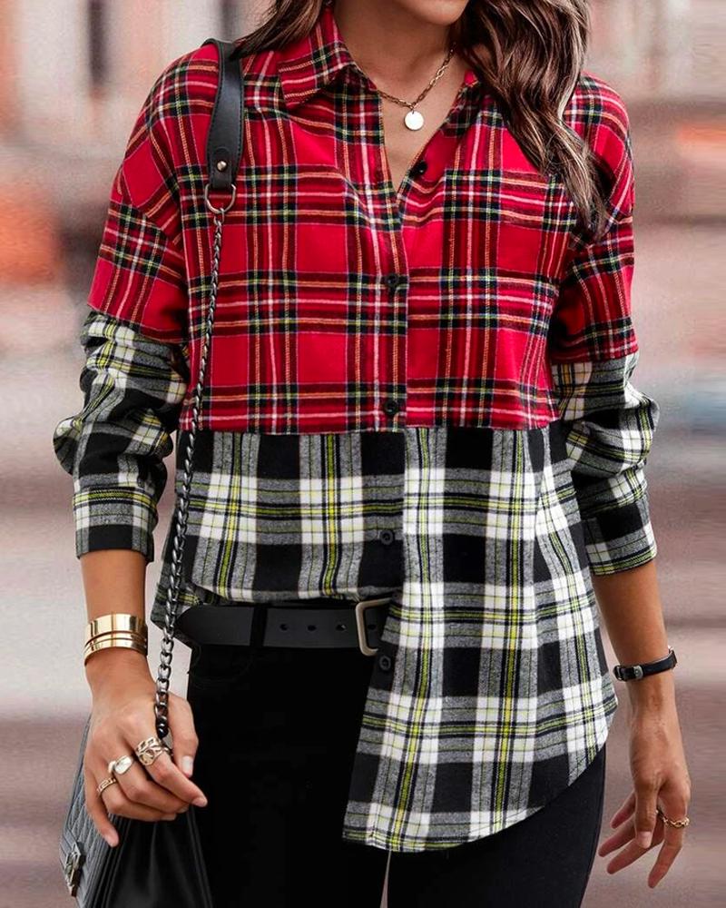Colorblock Plaid Print Long Sleeve Button Down Shirt