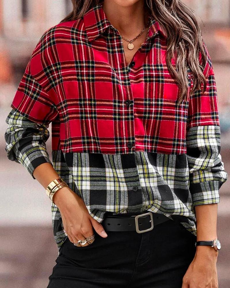 Colorblock Plaid Print Long Sleeve Button Down Shirt