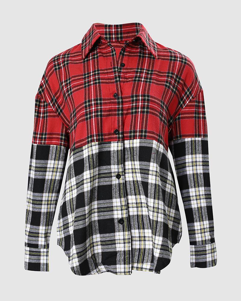 Colorblock Plaid Print Long Sleeve Button Down Shirt