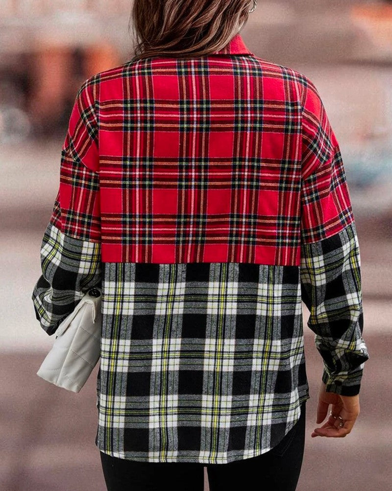 Colorblock Plaid Print Long Sleeve Button Down Shirt