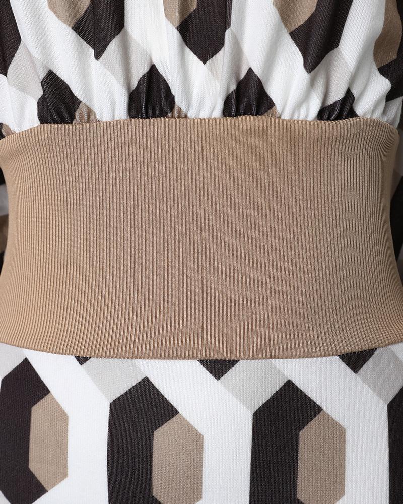 Geometric Print Lantern Sleeve Midi Dress