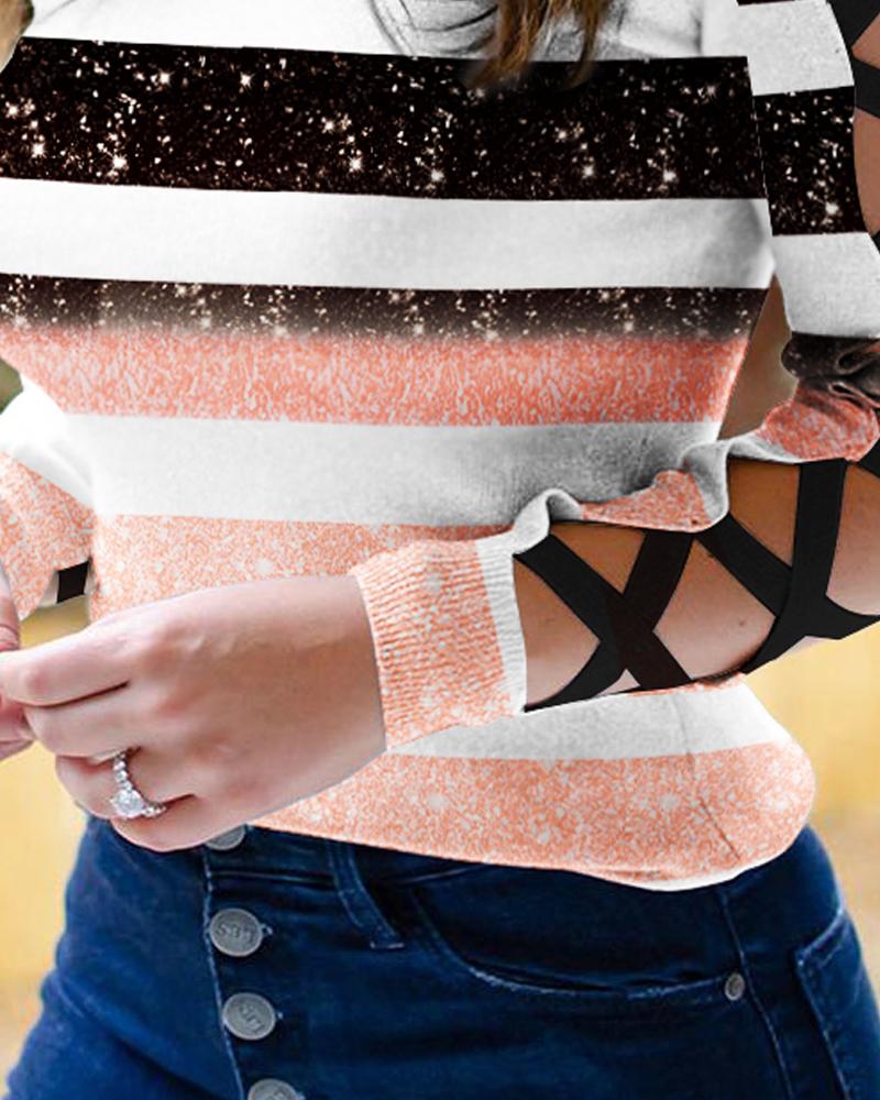 Colorblock Striped Print Crisscross Cold Shoulder Top