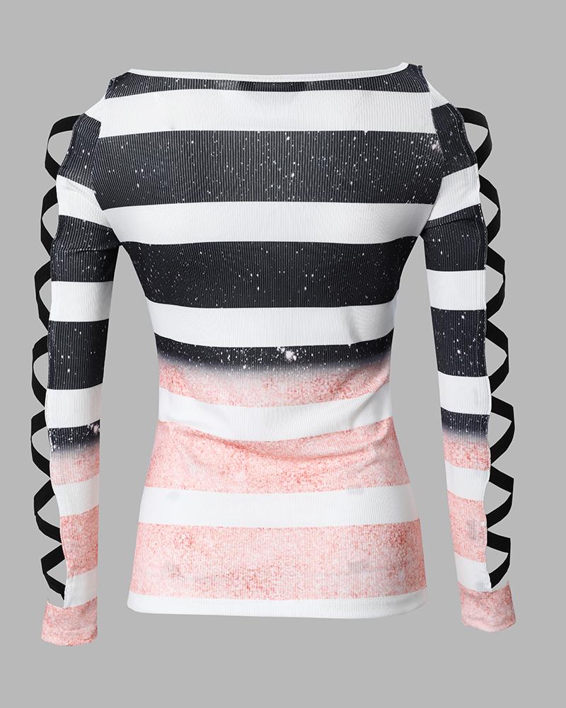 Colorblock Striped Print Crisscross Cold Shoulder Top