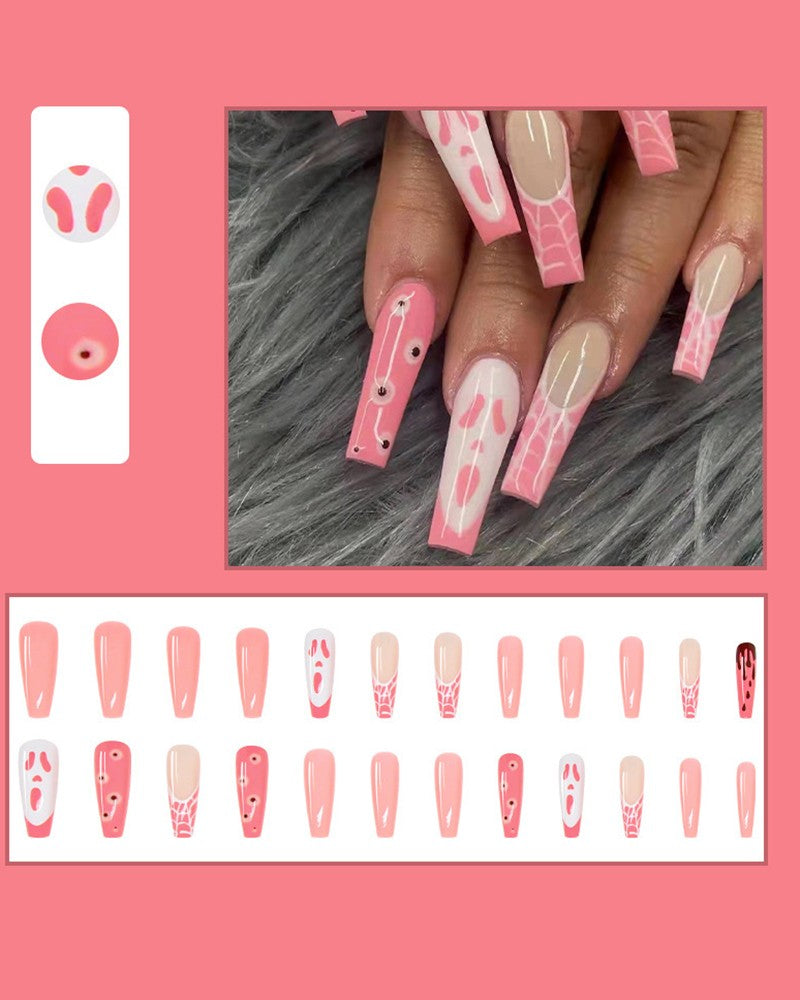 24pcs Halloween Ghost Web Pink Removable Fake Coffin Nails Set
