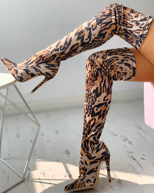 Leopard Print Thin Heeled Thigh High Boots