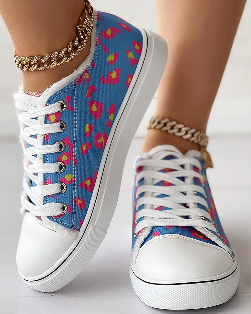 Leopard Print Raw Hem Lace up Canvas Sneakers