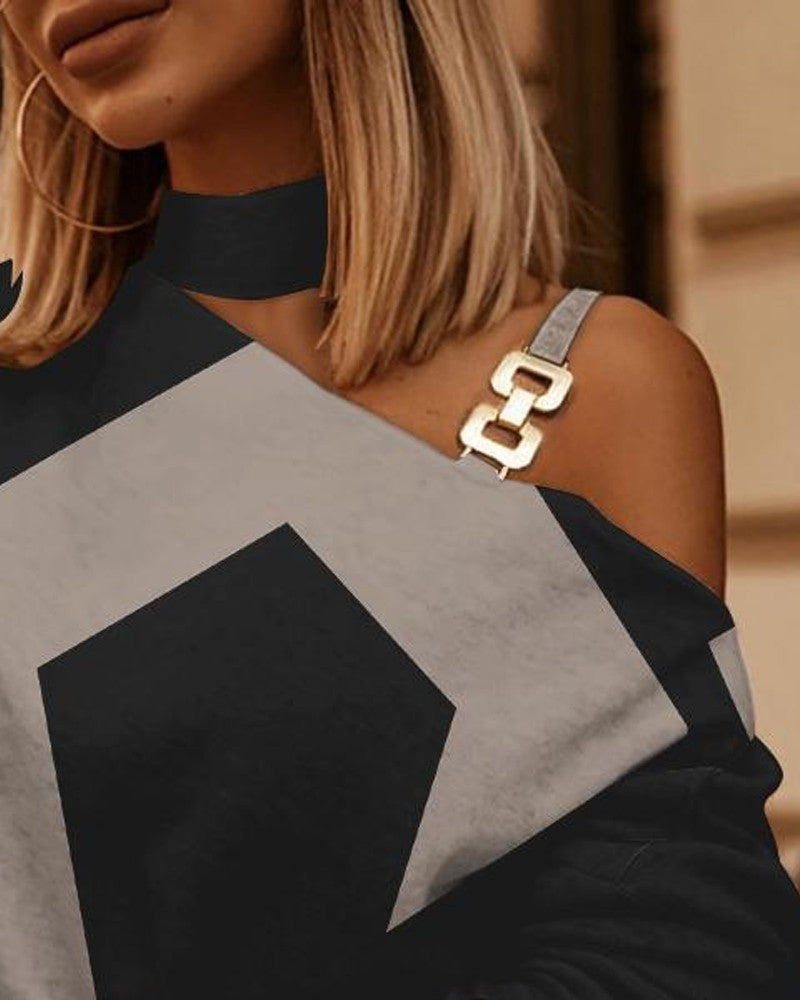 Geo Print Cold Shoulder Long Sleeve Top