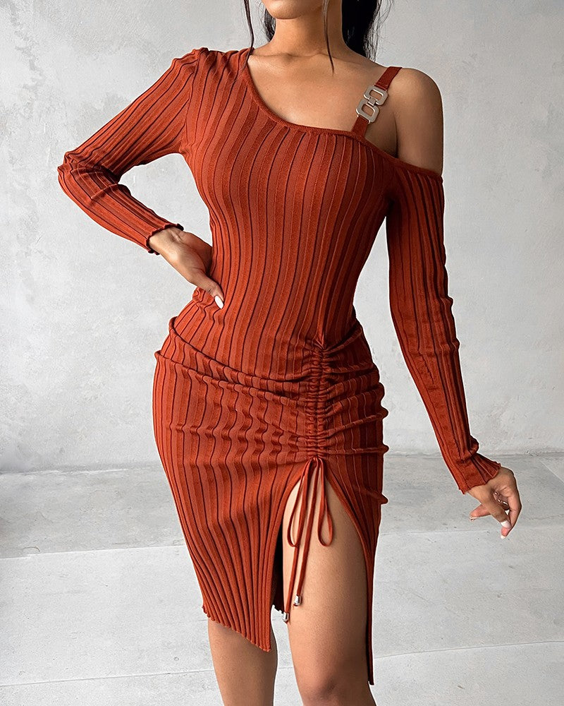 Chain Decor Drawstring Knit Sweater Dress