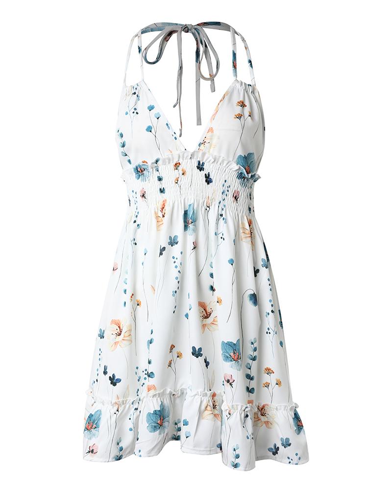 Floral Print Halter Ruffle Hem Shirred Casual Dress