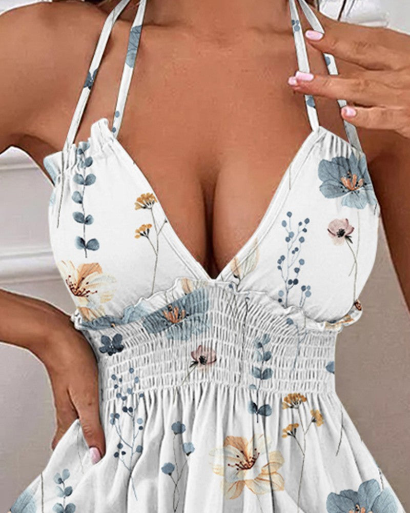 Floral Print Halter Ruffle Hem Shirred Casual Dress