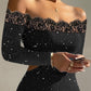 Glitter Contrast Lace Off Shoulder Cutout Bodycon Dress