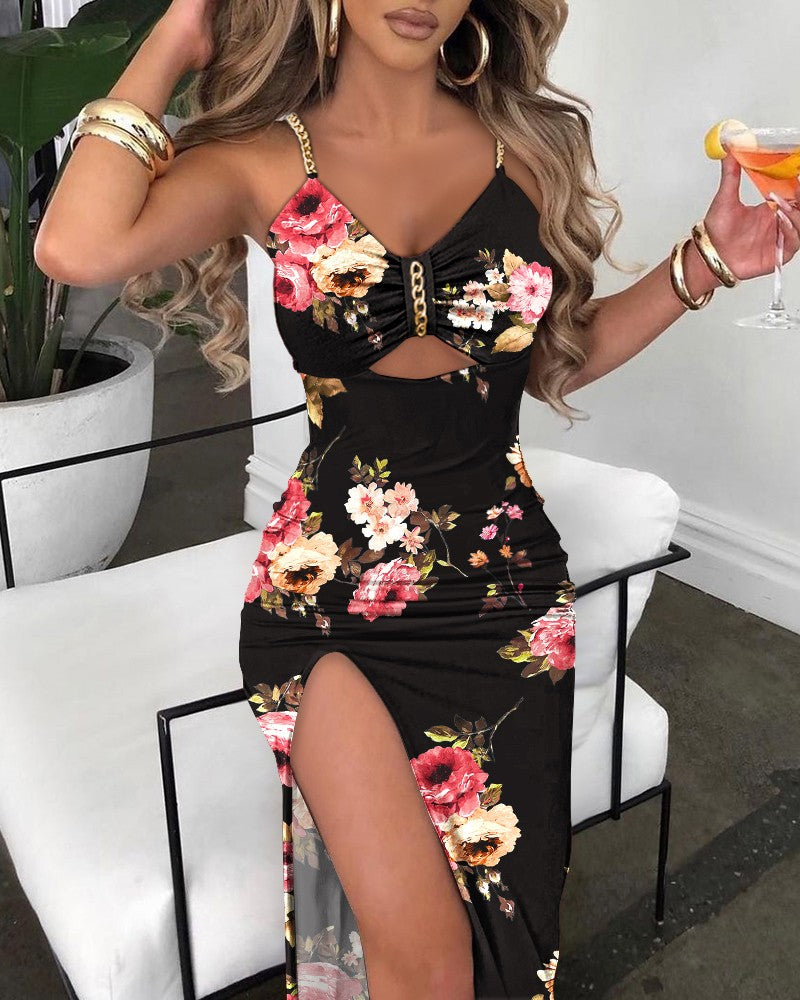 Floral Print Chain Decor Cutout High Slit Dress