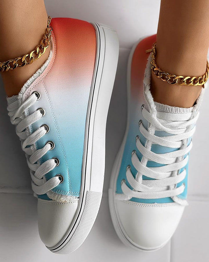 Gradient Raw Hem Lace up Canvas Sneakers