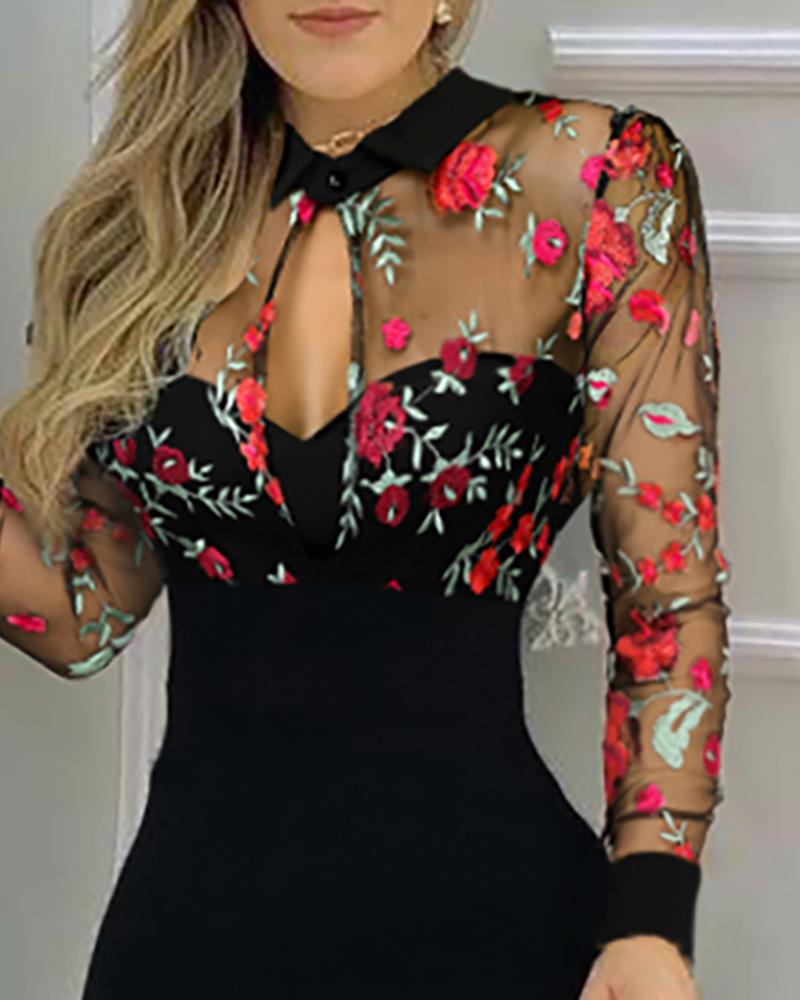 Floral Embroidery Sheer Mesh Slit Ruffles Party Dress