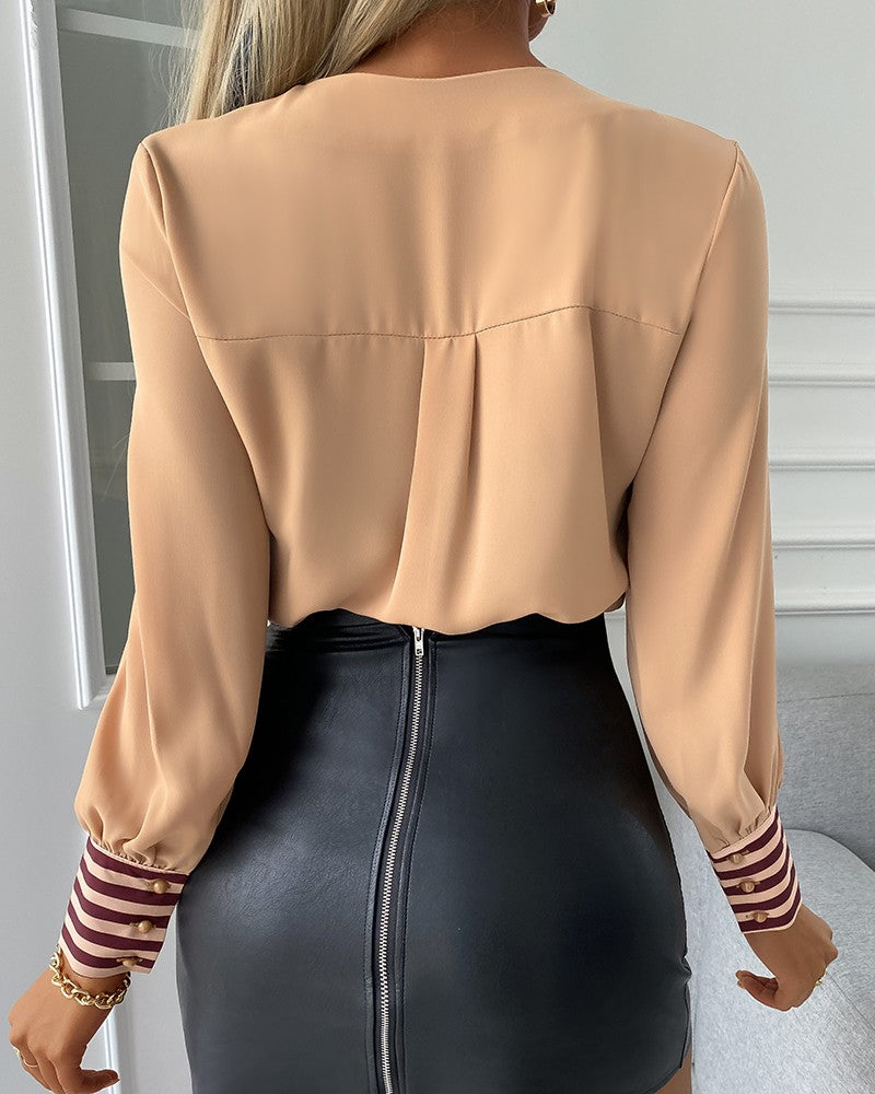 Striped Lantern Sleeve Button Front Top