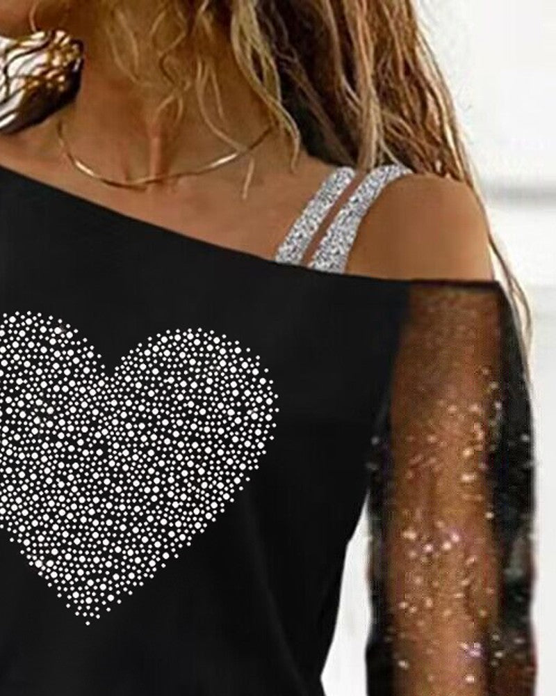 Rhinestone Heart Pattern Glitter Mesh Patch Top