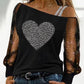 Rhinestone Heart Pattern Glitter Mesh Patch Top