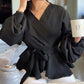 Lantern Sleeve Ruched Tied Detail Top