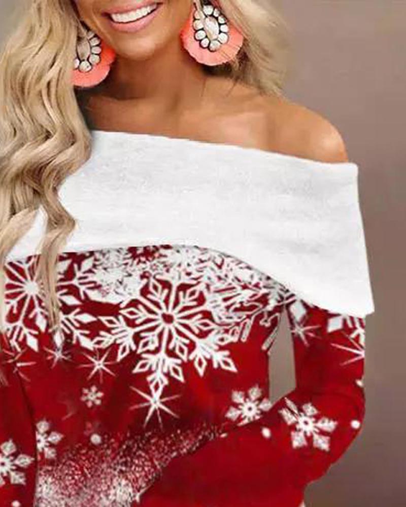Christmas Snowflake Print Off Shoulder Top