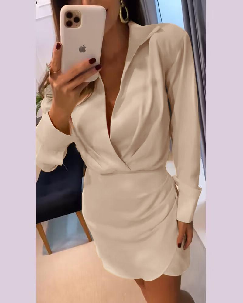 Turn down Collar Ruched Wrap Casual Dress