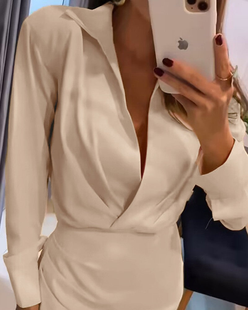 Turn down Collar Ruched Wrap Casual Dress