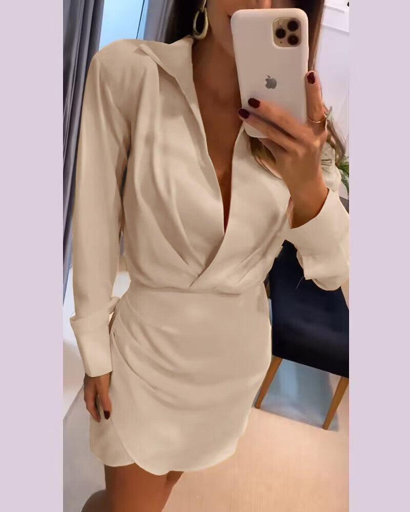Turn down Collar Ruched Wrap Casual Dress