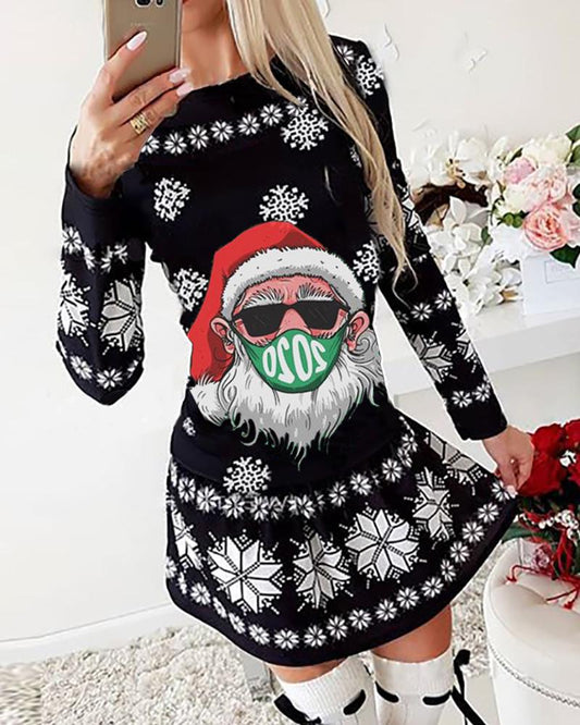 Christmas Santa Snowflake Print Long Sleeve Dress