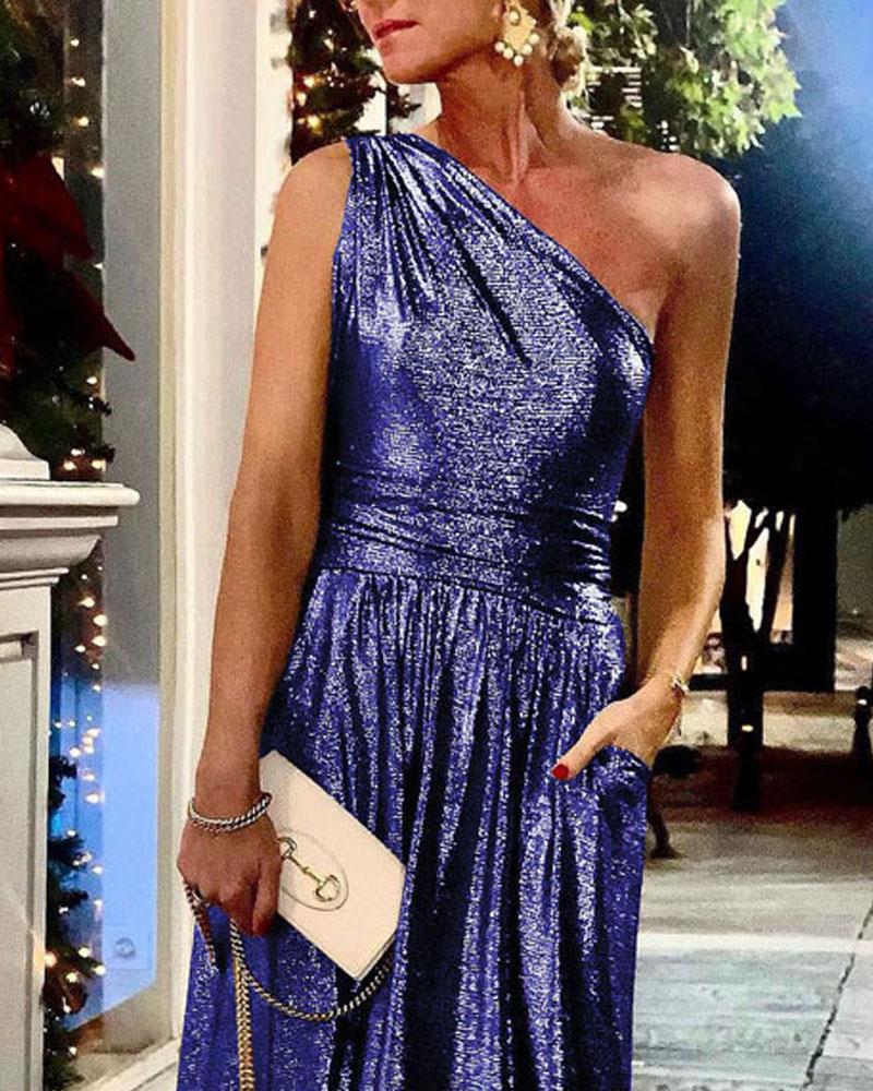 Metallic Design One Shoulder Ruched Party Dress