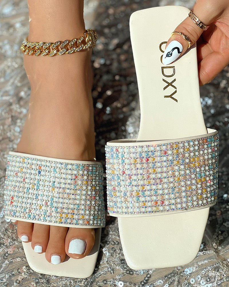 Rhinestone Wide Strap Beach Slippers